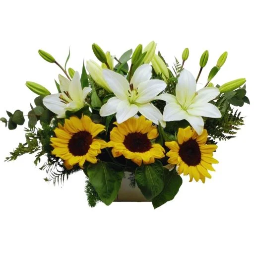 Arreglo floral de girasoles y liliums sunshine